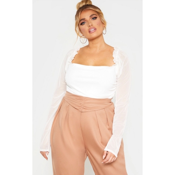 PrettyLittleThing Tops - Pretty Little Thing Plus Size White Mesh Ruched Frill Ruffle Longsleeve Bodysuit